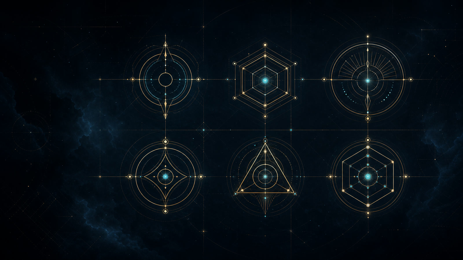 Six original abstract gold and cyan class signals in a dark technical field