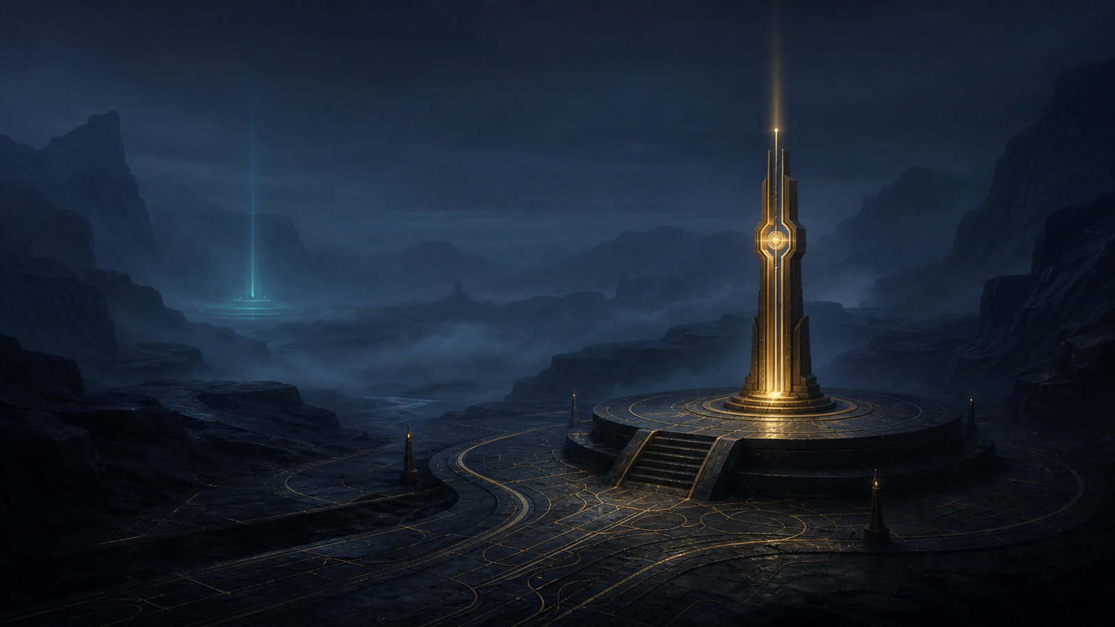 Original abstract gold extraction beacon in a misty valley