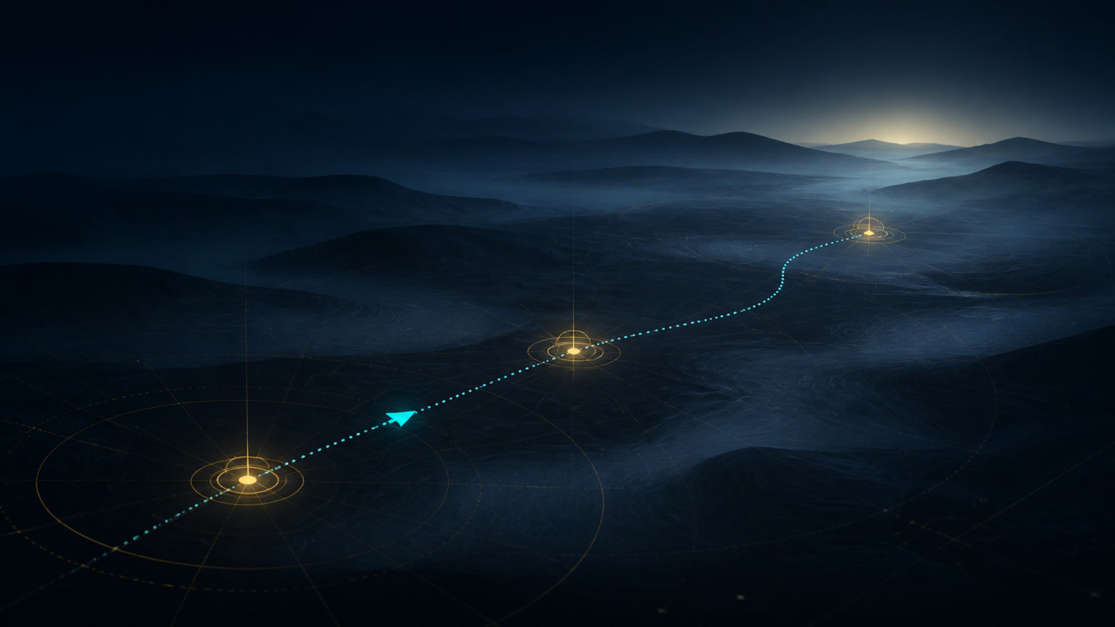 Original abstract route signal crossing a dark misty landscape